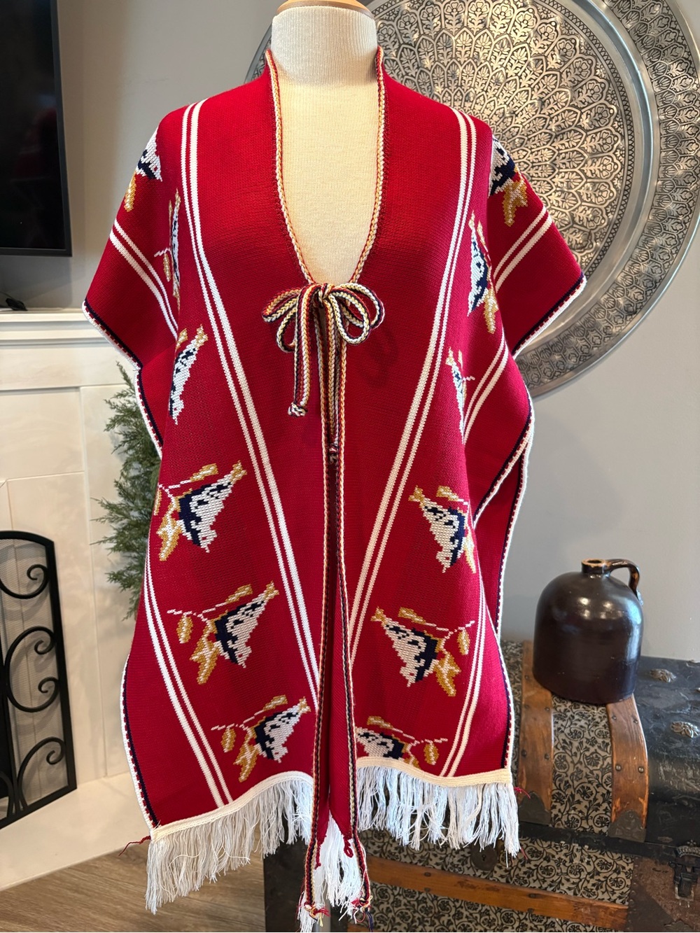 1970’s Soft Red Peruvian Poncho with Birds